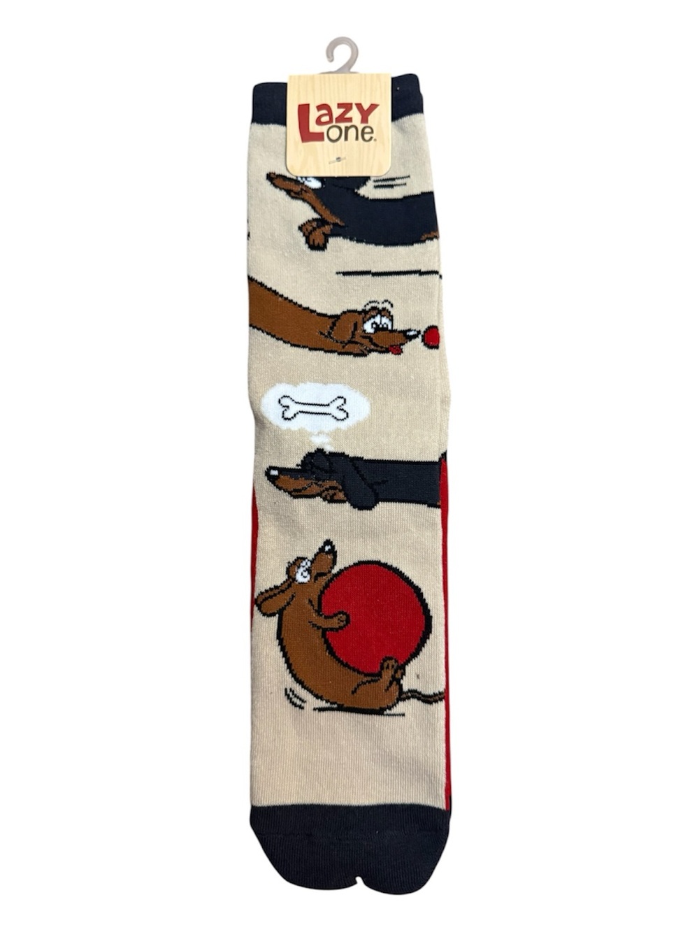 Lazy One Beige Crew Socks with Black and Red Dachshund Motif